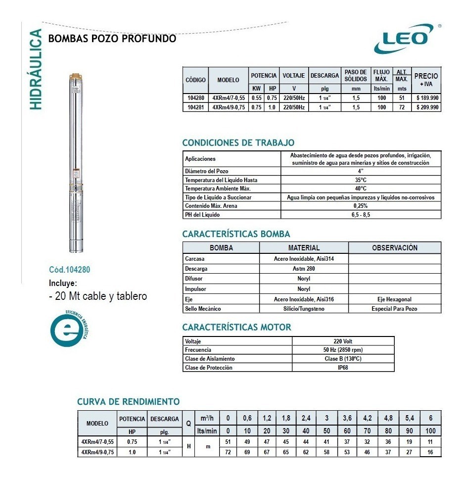 BOMBA POZO PROFUNDO LEO 4XRm4/10-0.75 + 20M CABLE
