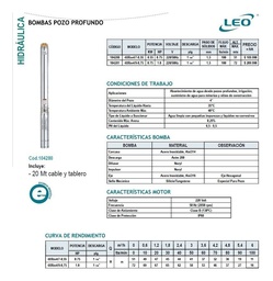 [104281] BOMBA POZO PROFUNDO LEO 4XRm4/10-0.75 + 20M CABLE